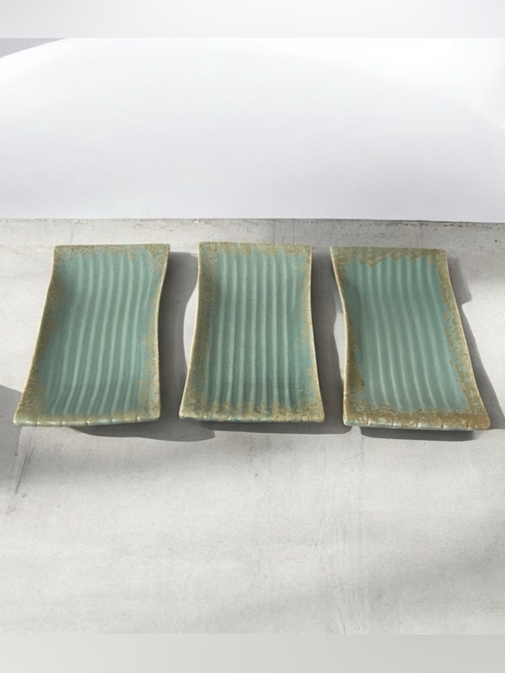 Set of Three Rectangular Aqua Ceramic Dishes